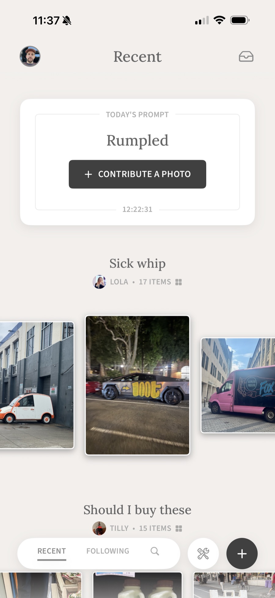 The feed: recent collections with photo carousels